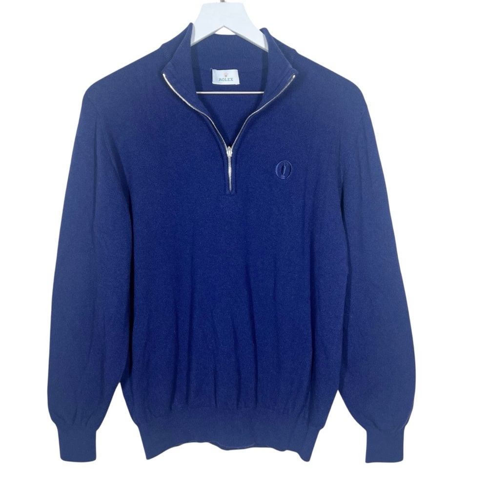 Rolex The Open Logo 100 Pure Cashmere Blue 14 Zip Long Sleeve Sweater Size Xl